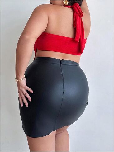 OYOANGLE Women's Plus Size Metal Ring Linked Plunge Neck Halter Crop Top Open Back Ruched Party Tops in Saudi Arabia
