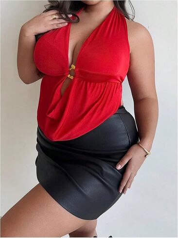 OYOANGLE Women's Plus Size Metal Ring Linked Plunge Neck Halter Crop Top Open Back Ruched Party Tops in Saudi Arabia