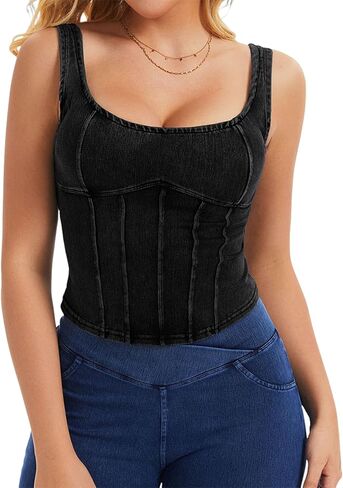 Denim Corset Top for Women Going Out Jean Crop Tank Tops Trendy Sleeveless Slim Fit Workout Denim Bustier in Kuwait