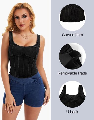 Denim Corset Top for Women Going Out Jean Crop Tank Tops Trendy Sleeveless Slim Fit Workout Denim Bustier in Kuwait