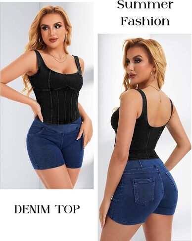 Denim Corset Top for Women Going Out Jean Crop Tank Tops Trendy Sleeveless Slim Fit Workout Denim Bustier in Kuwait