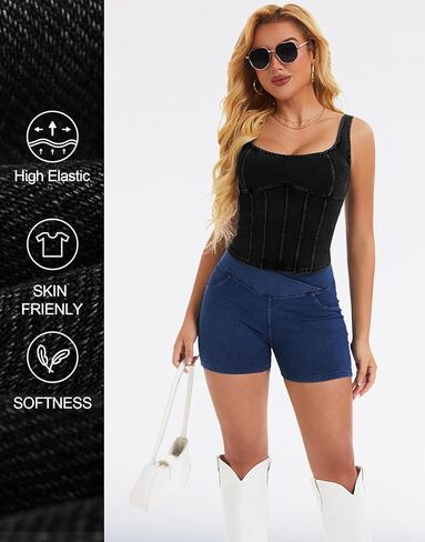 Denim Corset Top for Women Going Out Jean Crop Tank Tops Trendy Sleeveless Slim Fit Workout Denim Bustier in Kuwait