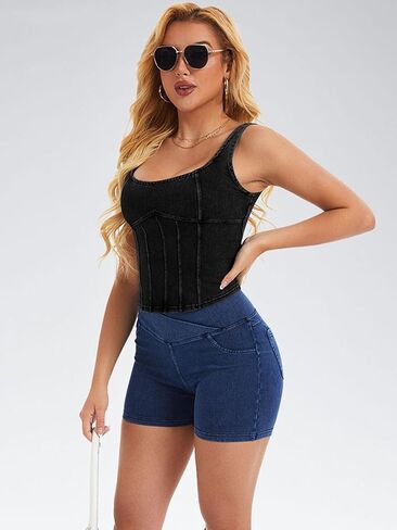 Denim Corset Top for Women Going Out Jean Crop Tank Tops Trendy Sleeveless Slim Fit Workout Denim Bustier in Kuwait