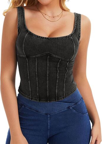 Denim Corset Top for Women Going Out Jean Crop Tank Tops Trendy Sleeveless Slim Fit Workout Denim Bustier in Saudi Arabia
