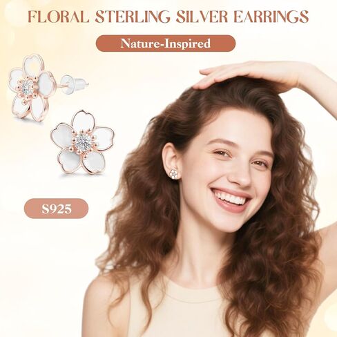 Flower Earrings for Women - Delicate Floral Sterling Silver Stud Earrings, Nickel Free - Cute Earrings for Sensitive Ears in Saudi Arabia