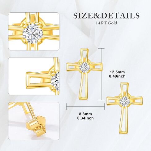 14k Gold 0.12 carat Lab Grown Diamond Cross Stud Earrings for Women, 14 kt Gold Religious Earrings for Her in Saudi Arabia