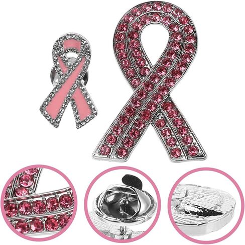 PartyKindom 2pcs Rhinestone Pink Ribbon Pin Brooch Women Breast Cancer Awareness Ribbon Pins Alloy Lapel in Saudi Arabia