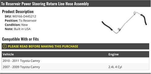 Power Steering Return Line Hose Assembly - To Reservoir - Compatible with 2007-2011 Toyota Camry 2.4L 4-Cylinder in Saudi Arabia