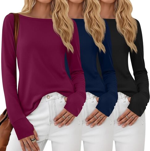 Riyiper 3 Pack Women's Cotton Long Sleeve Shirt with Thumb Hole, Boat Neck Casual Tunic Tops 2025 Fall Trendy Basic Tees in Saudi Arabia