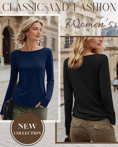 Riyiper 3 Pack Women's Cotton Long Sleeve Shirt with Thumb Hole, Boat Neck Casual Tunic Tops 2025 Fall Trendy Basic Tees in Saudi Arabia