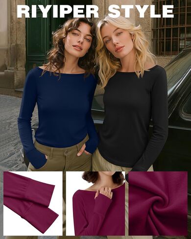 Riyiper 3 Pack Women's Cotton Long Sleeve Shirt with Thumb Hole, Boat Neck Casual Tunic Tops 2025 Fall Trendy Basic Tees in Saudi Arabia