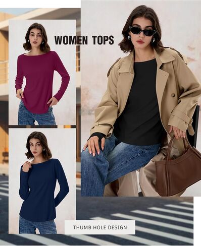 Riyiper 3 Pack Women's Cotton Long Sleeve Shirt with Thumb Hole, Boat Neck Casual Tunic Tops 2025 Fall Trendy Basic Tees in Saudi Arabia