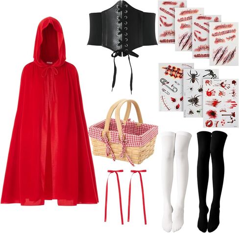 Outus Halloween Little Red Cap Costume Accessories Velvet Hood Cloak Belt Picnic Baskets Stockings Tattoo Sticker for Adult in Saudi Arabia