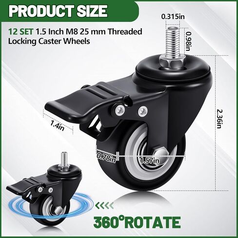 2 Inch M8 (0.315 Inch) 15 mm Threaded Caster Wheels Set of 12 Heavy Duty Stem Casters 360° Polyurethane Swivel Locking Wheels with Dual Brake, No Noise, 400 lb for Cart Desk Furniture in Kuwait