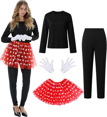 4 Pcs Mouse Costume for Women Adult, Mouse Red Dot Tutu Black Bodysuit Set White Gloves for Halloween Party in Saudi Arabia