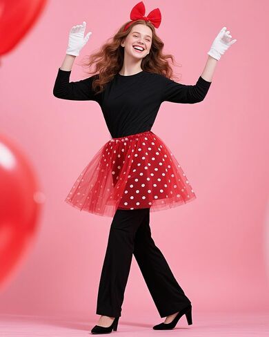 4 Pcs Mouse Costume for Women Adult, Mouse Red Dot Tutu Black Bodysuit Set White Gloves for Halloween Party in Saudi Arabia