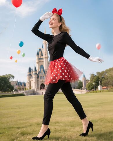 4 Pcs Mouse Costume for Women Adult, Mouse Red Dot Tutu Black Bodysuit Set White Gloves for Halloween Party in Saudi Arabia
