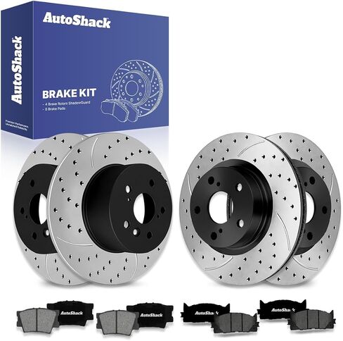 AutoShack Front & Rear Drilled & Slotted Brake Rotors Premium Ceramic Brake Pads | Replacement for Toyota Avalon 2007-2011 Camry 2007-2010 Lexus ES350 | E-Coated | 12-PC Brake Kit | ShadowGuard in Saudi Arabia
