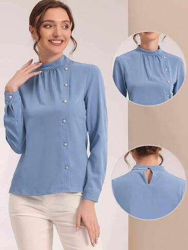 Allegra K Elegant Office Shirts for Women's Stand Collar Button Decor Long Sleeve Vintage Blouse in Saudi Arabia