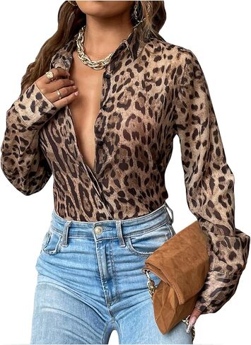 SweatyRocks Women's Leopard Printed Blouses Long Sleeve Button Down Shirts Tops in Saudi Arabia