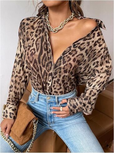 SweatyRocks Women's Leopard Printed Blouses Long Sleeve Button Down Shirts Tops in Saudi Arabia