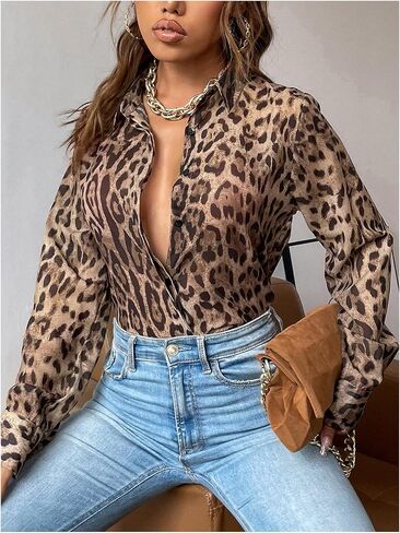 SweatyRocks Women's Leopard Printed Blouses Long Sleeve Button Down Shirts Tops in Saudi Arabia