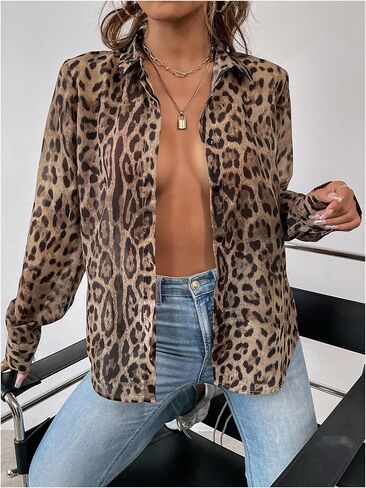 SweatyRocks Women's Leopard Printed Blouses Long Sleeve Button Down Shirts Tops in Saudi Arabia