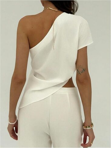SOLY HUX Women's Summer One Shoulder Asymmetrical Tops Elegant Short Sleeve Evening Cocktail Blouse in Saudi Arabia