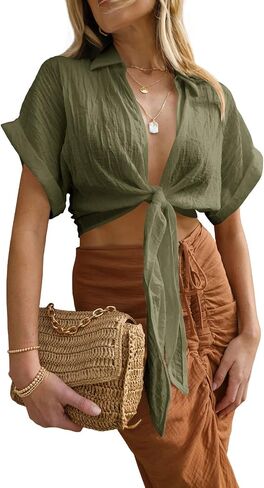 Ezbelle Women's Summer Crop Top Short Sleeve Deep V Neck Sexy Front Tie Casual Blouses Basic Shirt in Saudi Arabia