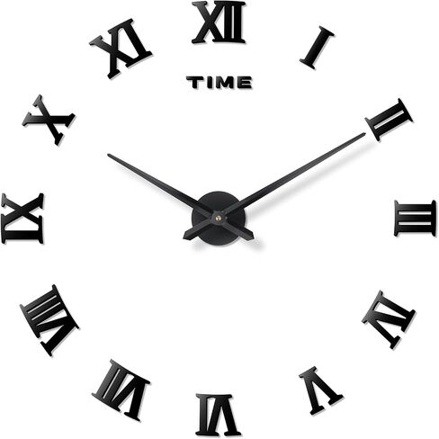 DIY Wall Clock Large Frameless 3D Clock Mirror Effect Classical Roman Numerals Wall Sticker Metal Hands Silent Quartz Movement Decor for Living Room, Bedroom, Office (Black) in Saudi Arabia