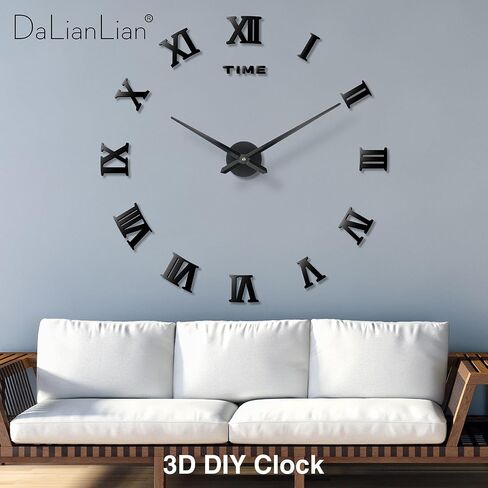DIY Wall Clock Large Frameless 3D Clock Mirror Effect Classical Roman Numerals Wall Sticker Metal Hands Silent Quartz Movement Decor for Living Room, Bedroom, Office (Black) in Saudi Arabia