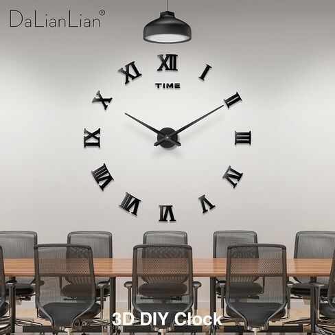 DIY Wall Clock Large Frameless 3D Clock Mirror Effect Classical Roman Numerals Wall Sticker Metal Hands Silent Quartz Movement Decor for Living Room, Bedroom, Office (Black) in Saudi Arabia