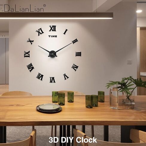 DIY Wall Clock Large Frameless 3D Clock Mirror Effect Classical Roman Numerals Wall Sticker Metal Hands Silent Quartz Movement Decor for Living Room, Bedroom, Office (Black) in Saudi Arabia
