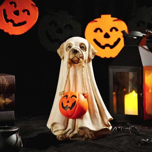 Tfro & Cile Halloween Decorations Indoor Ghost Dog Statue Holding Pumpkin Figurine Home Decor for Garden Porch in Saudi Arabia