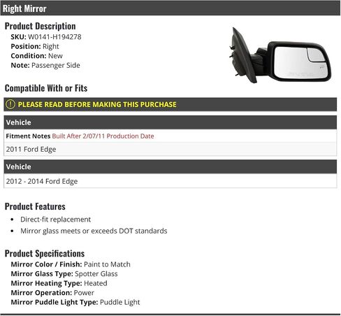 Right Passenger Side Power Mirror - Heated, Spotter Glass, Puddle Light - Compatible with 2011-2014 Ford Edge (From 2/07/2011) in Saudi Arabia