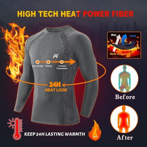 Men's Thermal Compression Shirt Fleece Lined Long Sleeve Athletic Base Layer Cold Weather Gear Workout Top Grey in Saudi Arabia