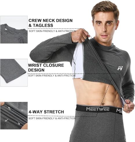 Men's Thermal Compression Shirt Fleece Lined Long Sleeve Athletic Base Layer Cold Weather Gear Workout Top Grey in Saudi Arabia