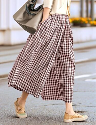 Womens Wide Leg Palazzo Casual Gingham Plaid Capri Pants High Waist Trousers Lounge Culottes Pants with Pockets in Saudi Arabia