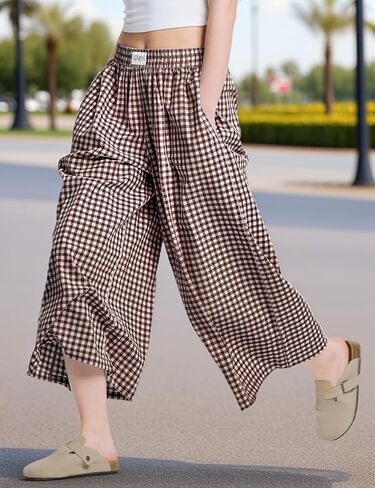 Womens Wide Leg Palazzo Casual Gingham Plaid Capri Pants High Waist Trousers Lounge Culottes Pants with Pockets in Saudi Arabia