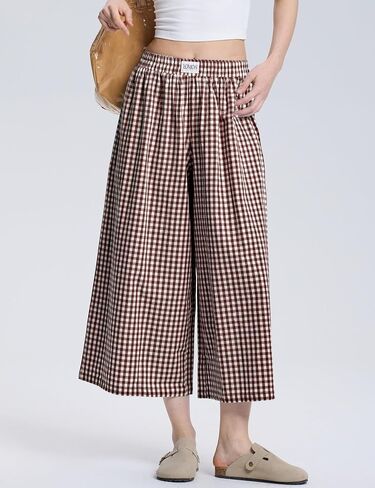 Womens Wide Leg Palazzo Casual Gingham Plaid Capri Pants High Waist Trousers Lounge Culottes Pants with Pockets in Saudi Arabia