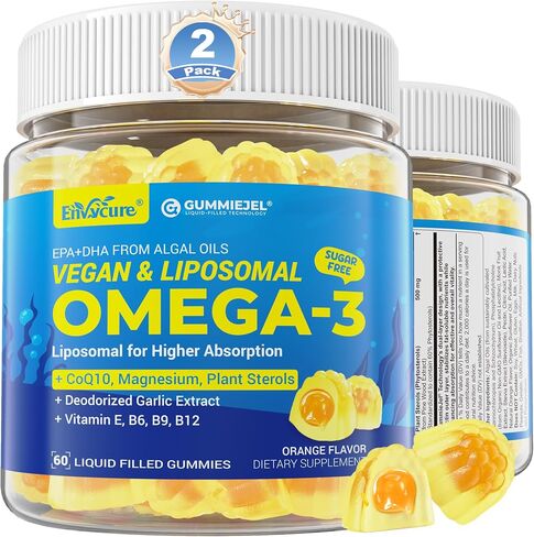 Vegan Omega-3 Gummies 1000mg +CoQ10+Magnesium- Fish Oil Omega 3 Supplements Alternative for Women Men- Liposomal Algae EPA 600mg & DHA 400mg,Plant Sterols,Deodorized Garlic,B Complex, Sugar Free,1Pack in Kuwait