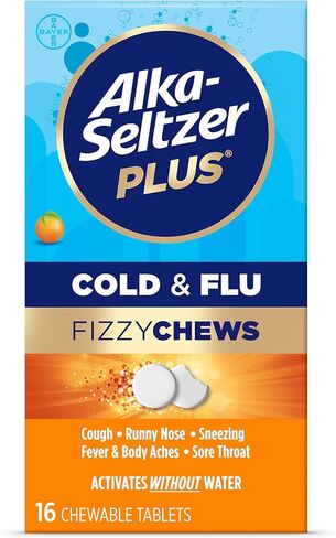 Alka-seltzer Plus New Cold & Flu FizzyChews, No Water Needed, On The Go Cold and Flu Chewable Tablets, Cold Medicine for Adults, for Flu Relief & Cold Relief, Orange Flavor, 24 Count in Kuwait