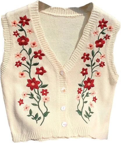WDIRARA Women's Plus Size Floral Embroidery Button Sweater Vest V Neck Sleeveless Knit Outerwear in Saudi Arabia