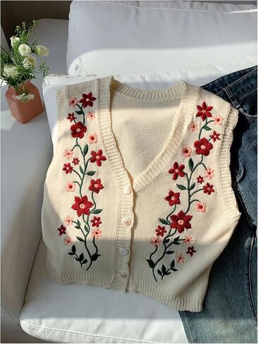 WDIRARA Women's Plus Size Floral Embroidery Button Sweater Vest V Neck Sleeveless Knit Outerwear in Saudi Arabia