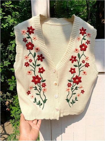 WDIRARA Women's Plus Size Floral Embroidery Button Sweater Vest V Neck Sleeveless Knit Outerwear in Saudi Arabia