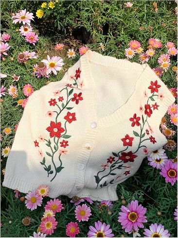 WDIRARA Women's Plus Size Floral Embroidery Button Sweater Vest V Neck Sleeveless Knit Outerwear in Saudi Arabia