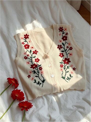 WDIRARA Women's Plus Size Floral Embroidery Button Sweater Vest V Neck Sleeveless Knit Outerwear in Saudi Arabia