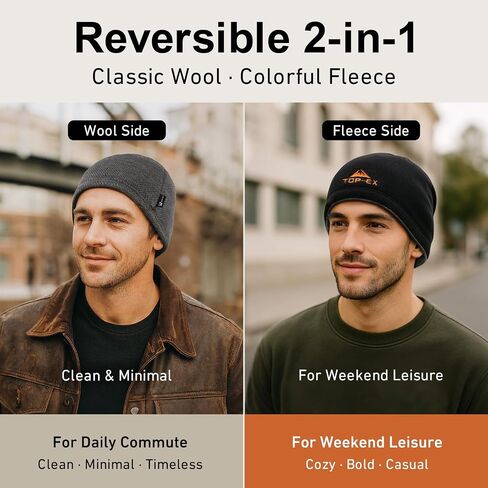 TOP-EX PolarWool™ Wool Beanie Hat for Men Women Fleece Lined Skull Cap Winter Knit Hat Watch Caps Reversible & Windproof in Saudi Arabia
