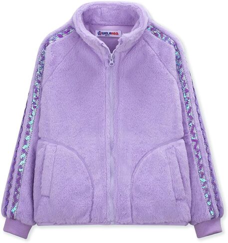 Girls’ Fleece Jacket with Sparkly Sequin Stripes – Soft Plush Zip Up Coat with Pockets in Saudi Arabia