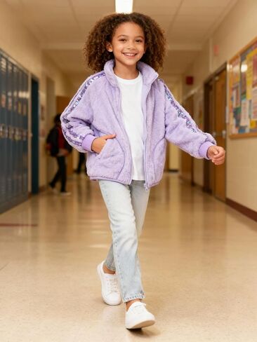 Girls’ Fleece Jacket with Sparkly Sequin Stripes – Soft Plush Zip Up Coat with Pockets in Saudi Arabia